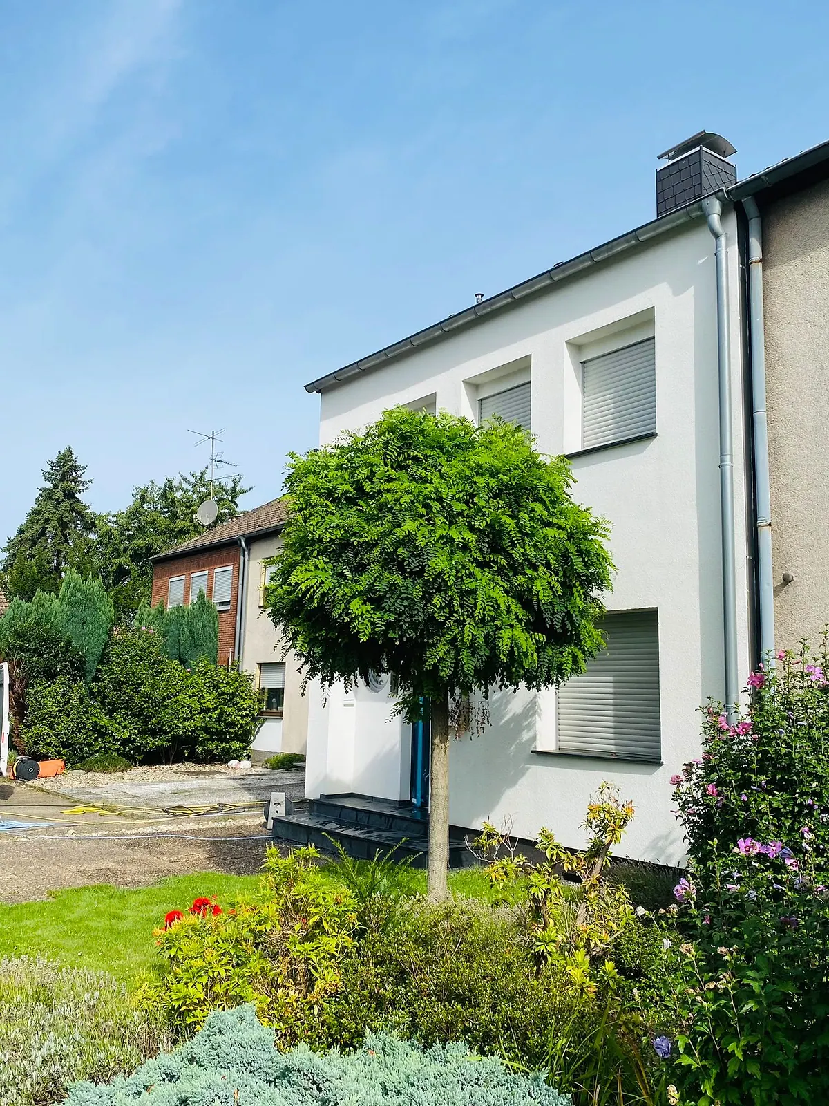 Wohnhaus mit Bäumen und Garten direkt am Haus